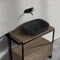 Console Sink Vanity With Matte Black Vessel Sink and Natural Brown Oak Drawer, 35